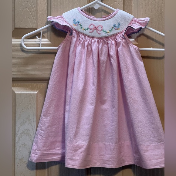Anavini Hand Smocked Pink Dress Baby 12M Gingham Blue Bird Bow - Picture 2 of 8